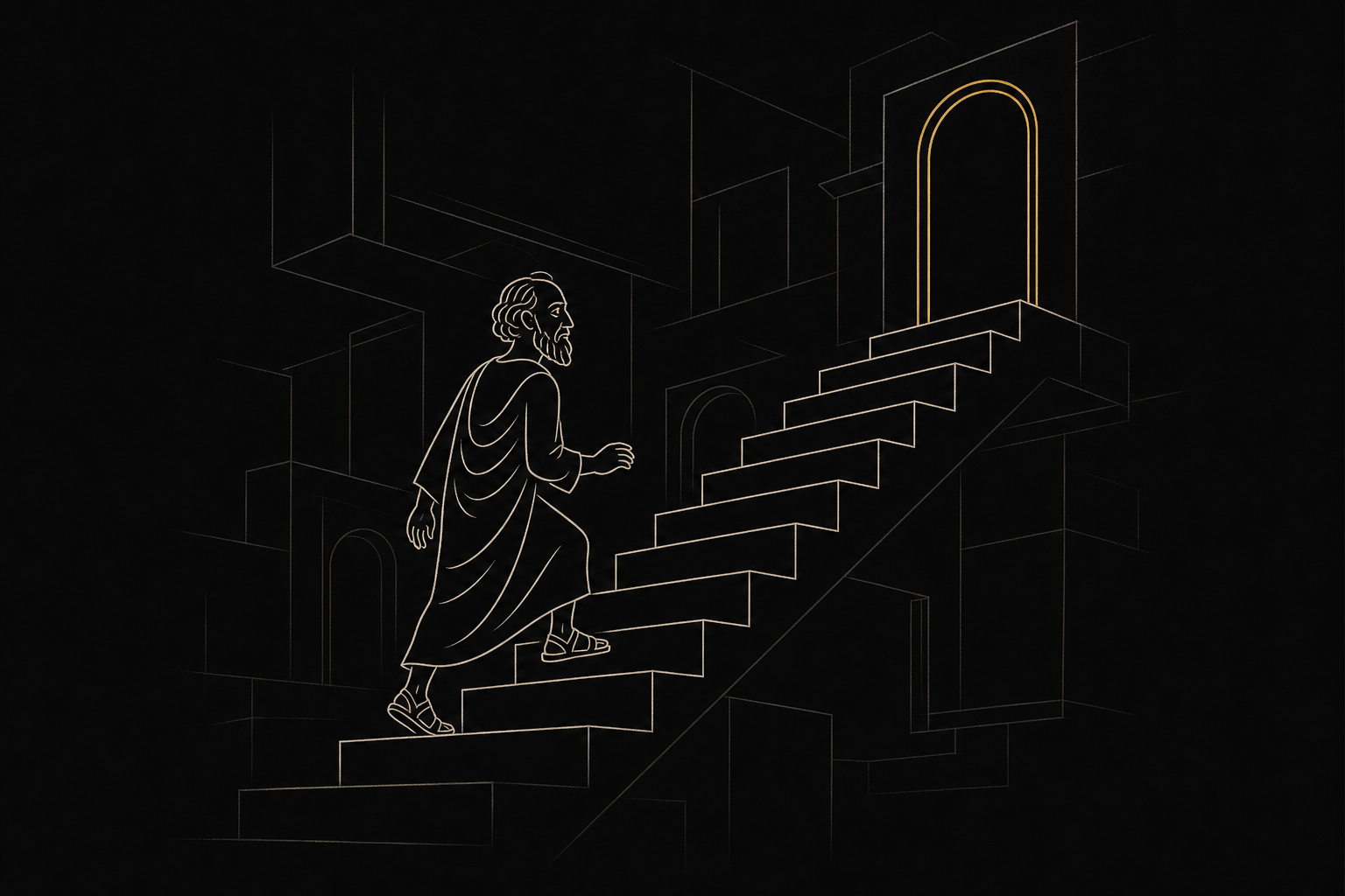 The Philosopher climbs an impossible staircase toward a gold doorway.