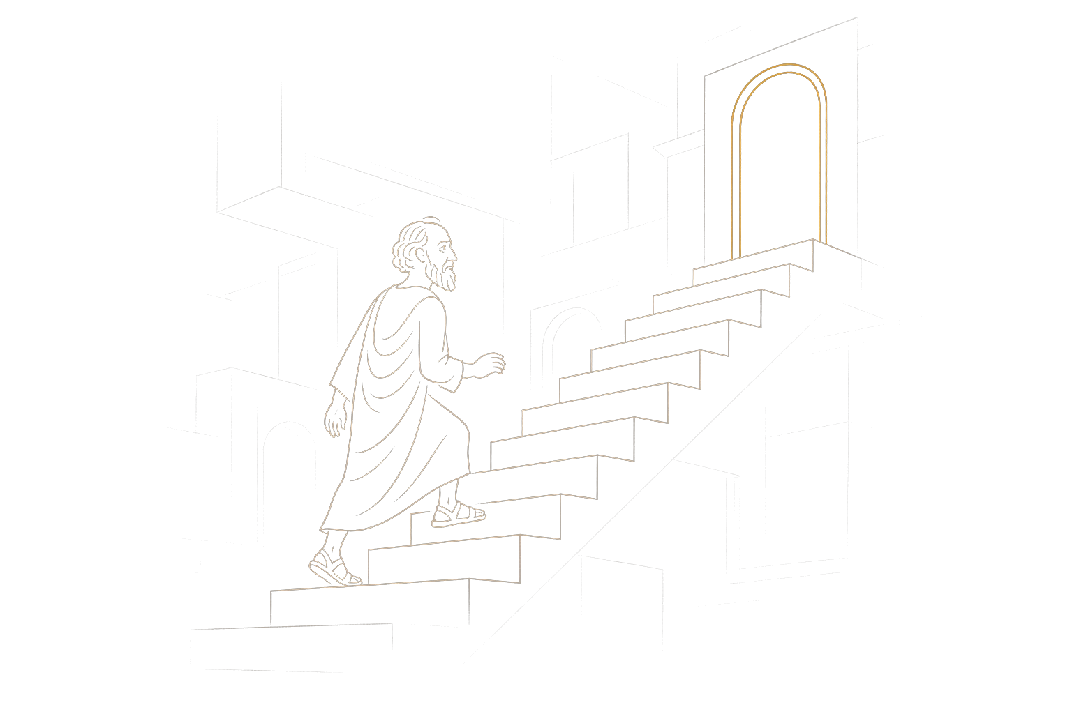 The Philosopher climbing an impossible staircase toward a single gold doorway.
