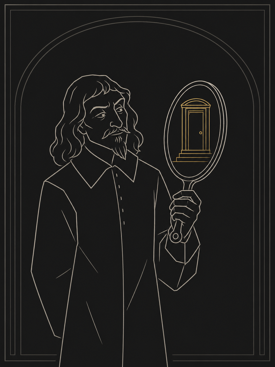 Descartes studies a mirror containing a gold doorway.