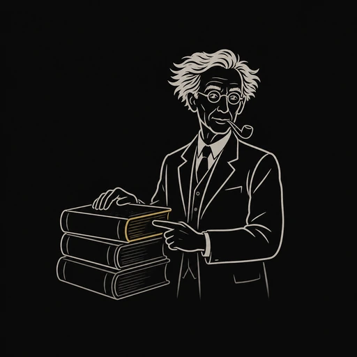 Bertrand Russell steadies a stack of books and points toward their pages.